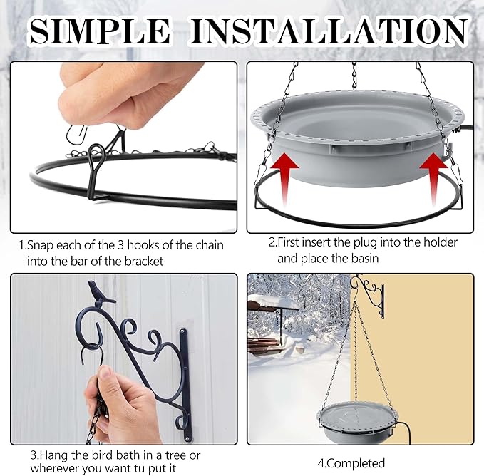 Adnee Hanging Heated Birdbath for Winter Outdoor, 100W Thermostatical Heated Bird Bath with Power Cord, Hanging Garden Bird Bath for Outside Patio Yard Decoration
