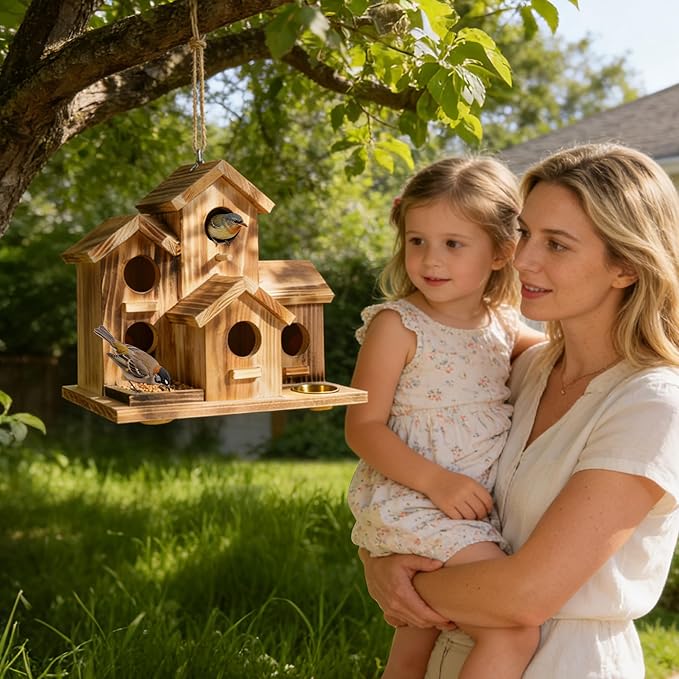 MIXXIDEA Bird House 5 Hole Bird Houses for Outside with Thickened Wooden Board，Birdhouse for Blue Bird Humming Bird and Chickadee Swallow. Hanging Edible Wild Bird Nest Garden Decorative