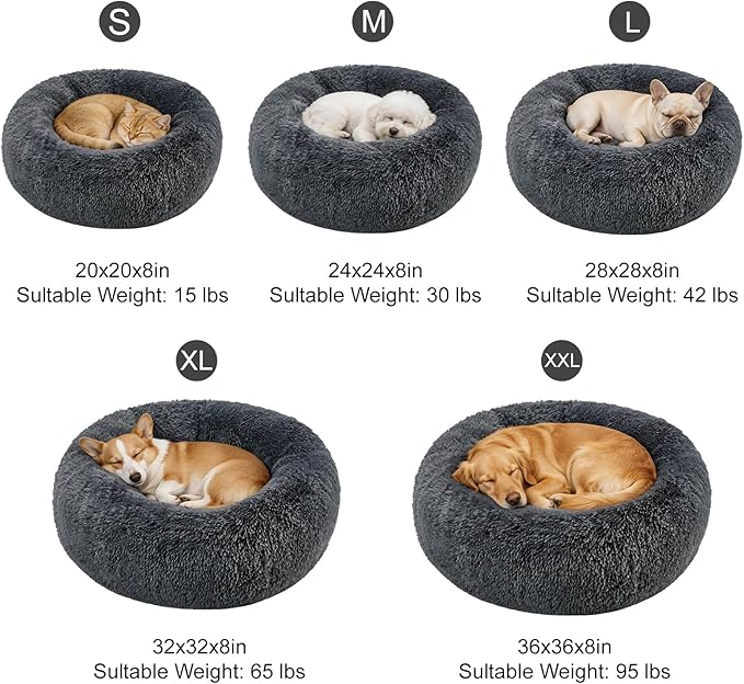 Dog Calming Beds for Medium Large Dogs Round Donut Washable Puppy Dog Bed, Anti-Slip Faux Fur Fluffy Donut Cuddle Anxiety Cat Pet Bed(36" Dark Grey)