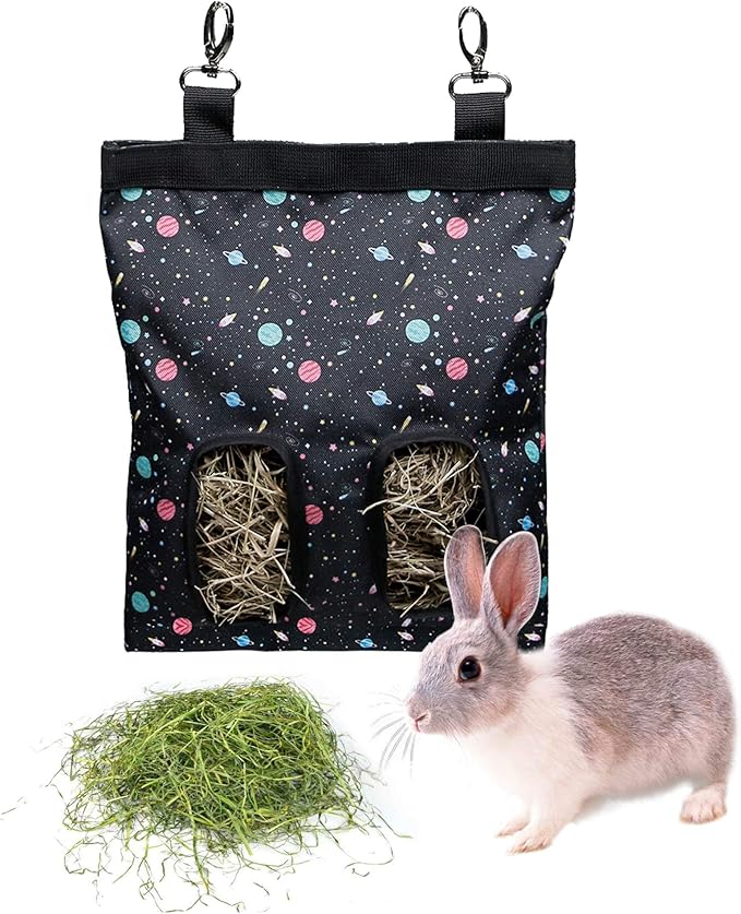 Rabbit Hay Feeder Bag Guinea Pigs Hanging Hay Rack Manger Holder Dispenser Small Animal Feeder Storage Pouch for Bunny Chinchilla Hamster (Pattern Black, 2 Windows)