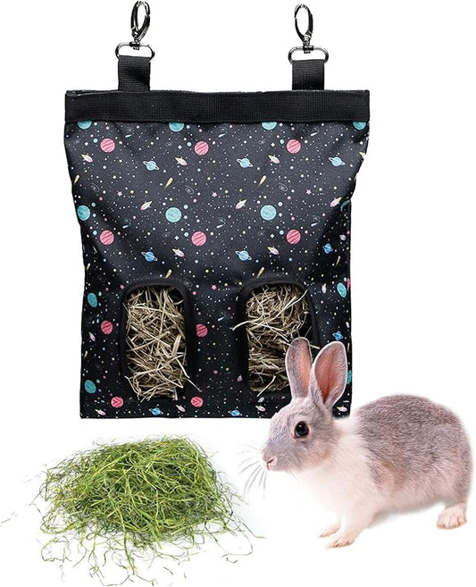 Rabbit Hay Feeder Bag Guinea Pigs Hanging Hay Rack Manger Holder Dispenser Small Animal Feeder Storage Pouch for Bunny Chinchilla Hamster (Pattern Black, 2 Windows)