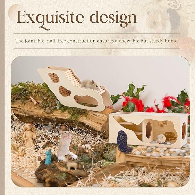 Seenelling 2 Pcs Hamster Hideout Set House and Tunnel, Exploring Tunnel with Climbing Ladder, Secret Observe Shed for Syrian Hamsters, Gerbils, Hedgehogs, Rats, Mice, Small Animals Pets Toys