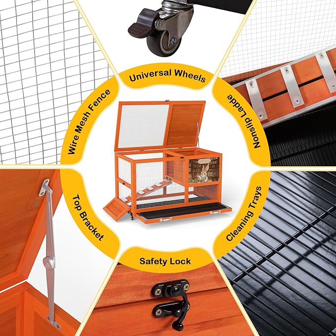 COZIWOW 36.5-Inch Double-Decker Wooden Rabbit Hutch with Wheels, Featuring A Cleaning Tray and Ladder—Stylish and Easy to Assemble（Orange and Pattern）