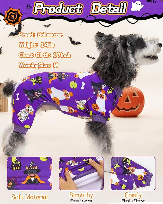 XPUDAC 4 Pack Halloween Dog Pajamas, Funny Ghost Halloween Costumes for Dogs, Soft Strechy Doggy Clothes for Small Medium Dogs Boy Girl, Pet Apparel, XS