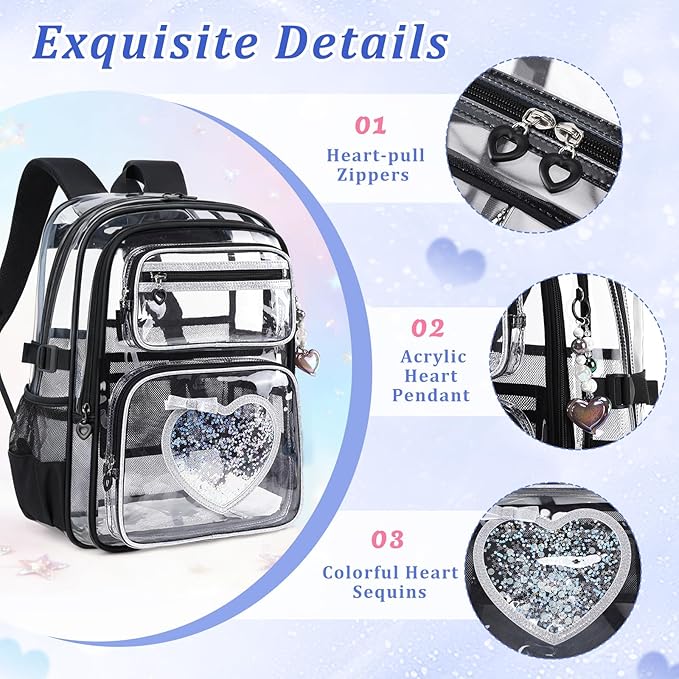 Clear Backpack for School Girls, Cute Heavy Duty PVC Transparent Bookbag, See-Through Bag for Stadium Event Black