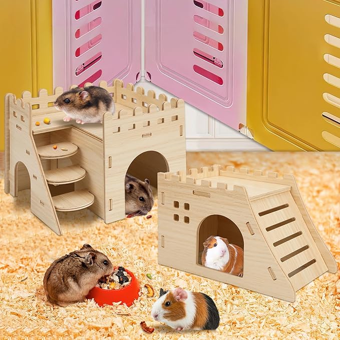 PETKNOWS 2 Pack Hamster Houses and Hideouts, Easy to Assemble Wooden Hamster Castle Small Animal House Bed with Stairs