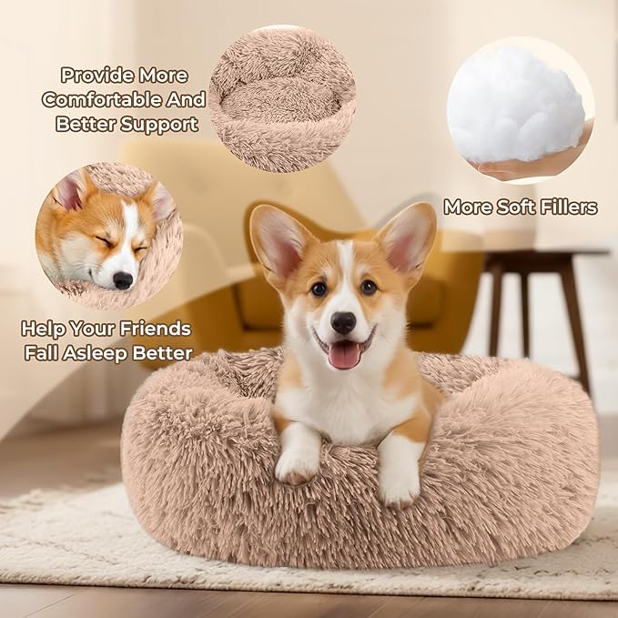 Calming Anti-Anxiety Donut Dog and Cat Bed for Indoor Cats, Round Fluffy Soft Washable Small Medium Pet Bed for Puppy & Kitten, Warming Comfortable Luxury Anti-Slip Waterproof Mute Base 24in (Camel)