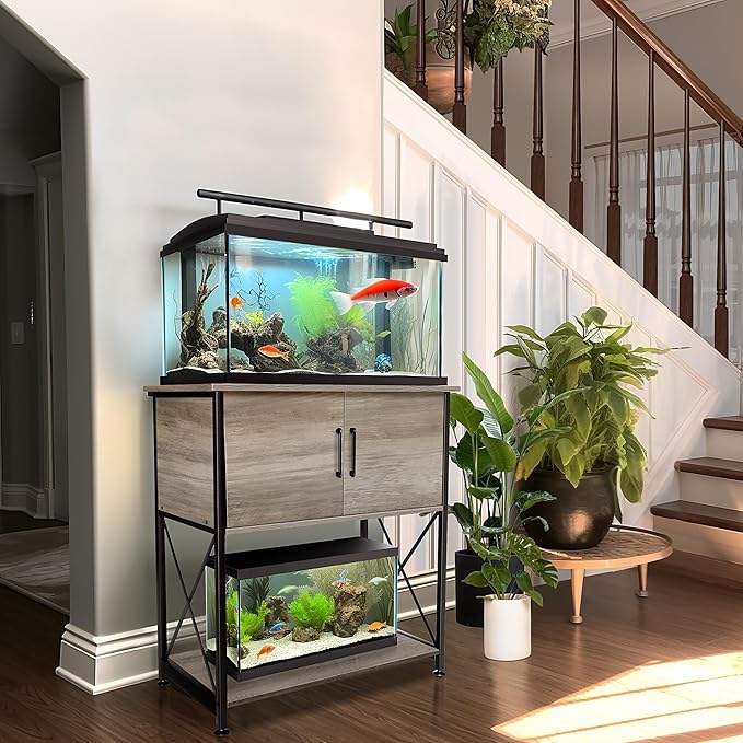 Herture 20-29 Gallon Aquarium Stand Metal Frame Fish Tank Stand with Cabinet Storage, for 20 Gallon Long Aquarium,30.7" L*16.5" W Tabletop,330LBS Capacity Grey PG01YGZ