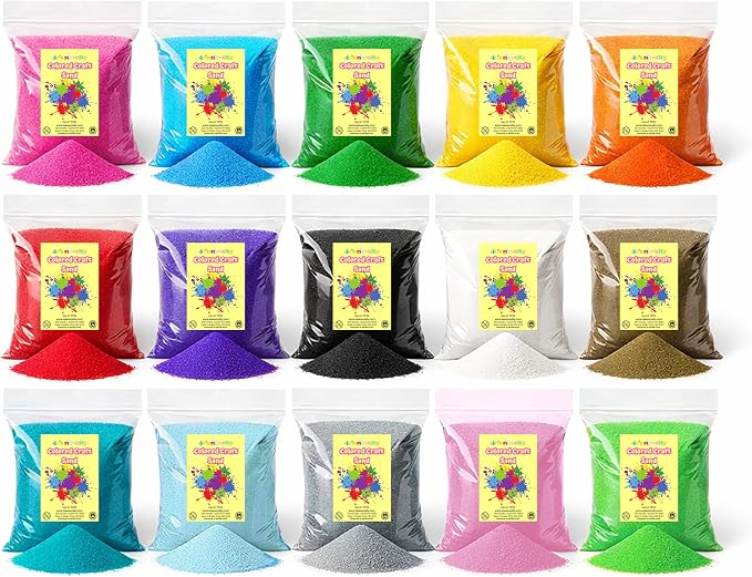 4E's Novelty 12 Lbs Colored Craft Sand -15 Colors, 0.8 lb Bags, Non-Toxic Fine Grain Decorative Sand Art for Kids Craft, Bottle & Vase Filler, Teachers Classroom Supplies