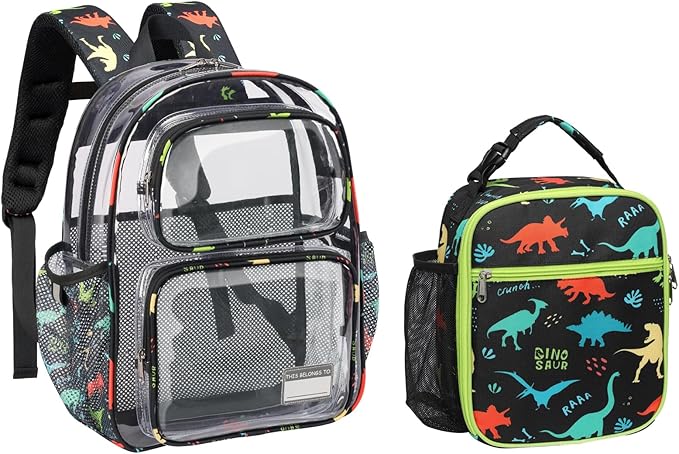 Clear Backpack Set for Boys, 15 Inch Heavy Duty Transparent Bookbag with Lunch Bag, Kindergarten to 2nd Grade School Bag, Security Approved PVC, Black Dinosaur
