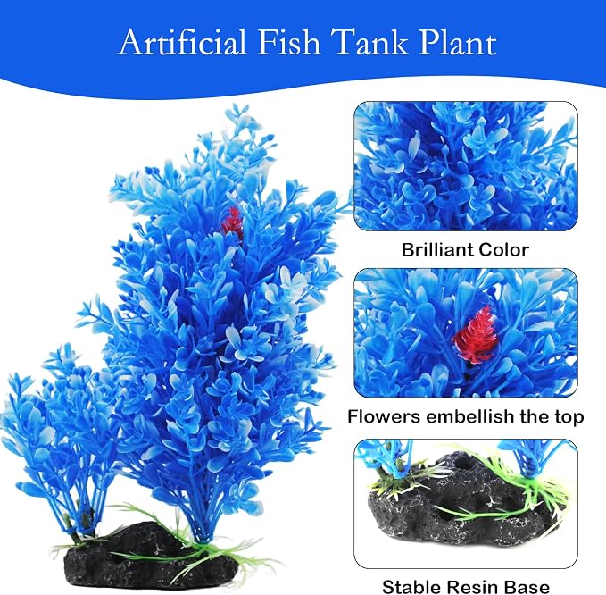 PINVNBY Artificial Plants for Betta Fish Tank,Plastic Aquarium Plant with Resin Base Realistic Goldfish Tank Aquatic Plants Decoration(Blue)