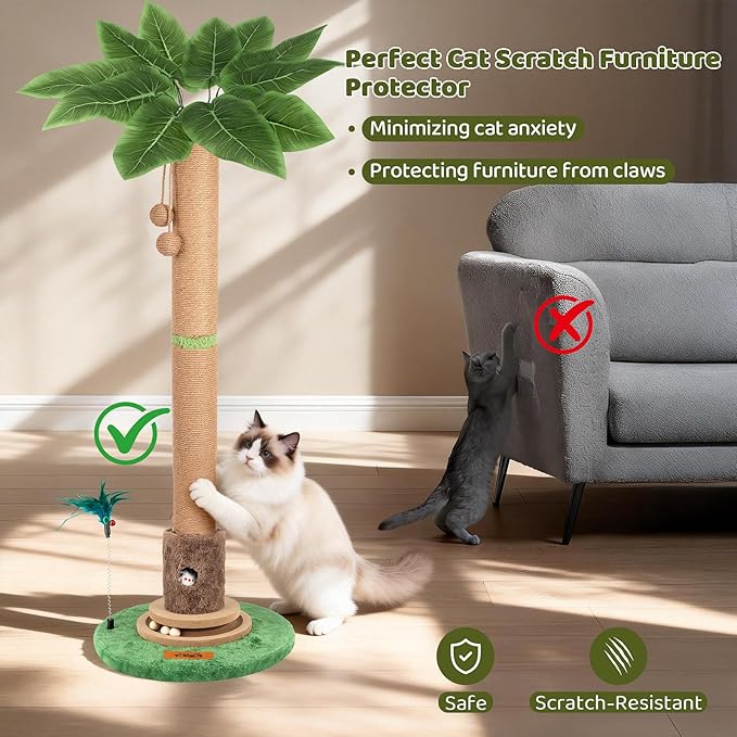 Cat Scratching Post, Famifit 39" Nature Sisal Cat Scratch Post for Indoor Cats, Large Cat Scratcher with Cat Toy Mouse Hole & Interactive Wooden Ball for Kittens Adults Cats