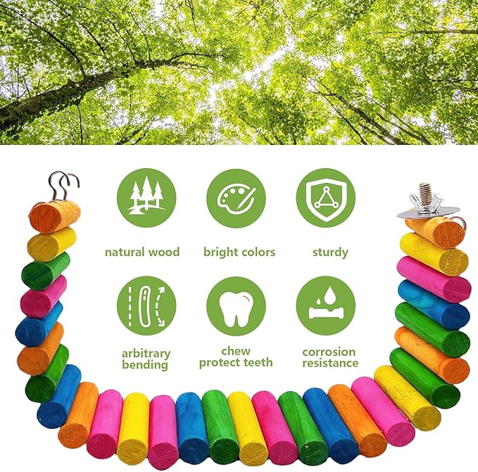 2Piece Hamster Colorful Bridge,Flexible Bendy Climbing Ladder Hanging Wooden Stairs Chew Toy for Bird Parrot Chipmunk Sugar Glider Gerbil Mice