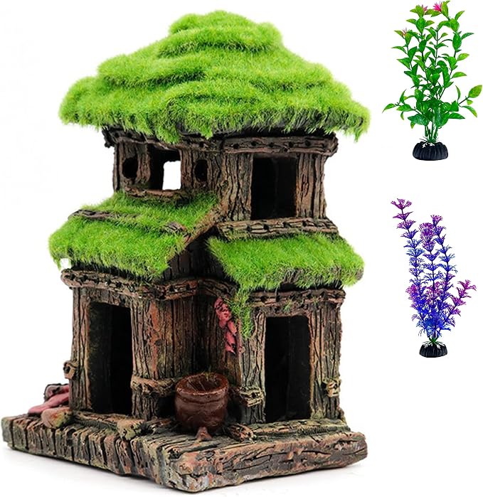 AWXZOM Fish House - Aquarium Decoration with Lifelike Moss, Comes with 2x Artificial Plants