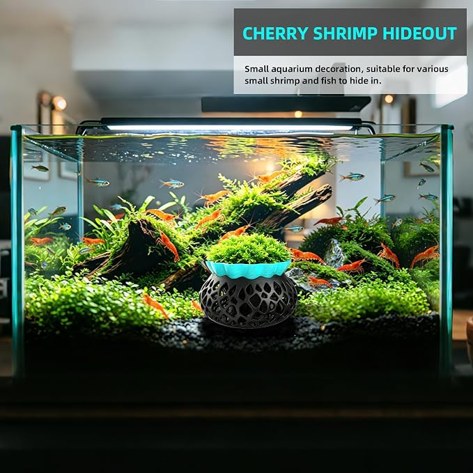 2-Pack Round Shrimp Cave, Plant Mountable Aquarium Hide | Sturdy PLA shrimp cave for moss & fern aquascapes; multi-position mount, aquarium safe for Neocaridina, Cherry & Dwarf Shrimp