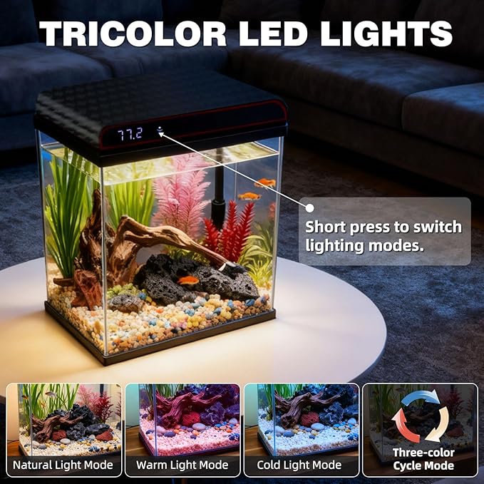 Coospider 5 Gallon Glass Fish Tank, Aquarium Starter Kit, Aquarium Kit with Quiet Filter Pump, 3-Color LED Lights, Simpel Self-Cleaning, Temp Monitoring for Fish, Shrimp, Family Kids Gift Ideas