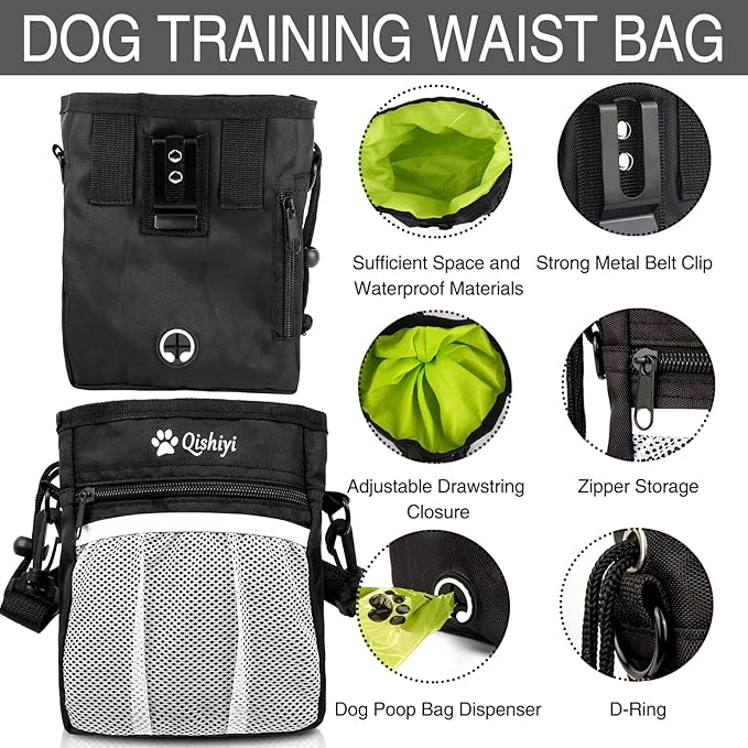 Dog Training Kit,Includes Pet Training Waist,Bag 2 Dog Training Clickers,Treat Pouch,Ultrasonic Silent Whistle,2 in 1 Whistle Clicker Clicker,Training Guide Booklet,2 Dog Poop Bags (Black)