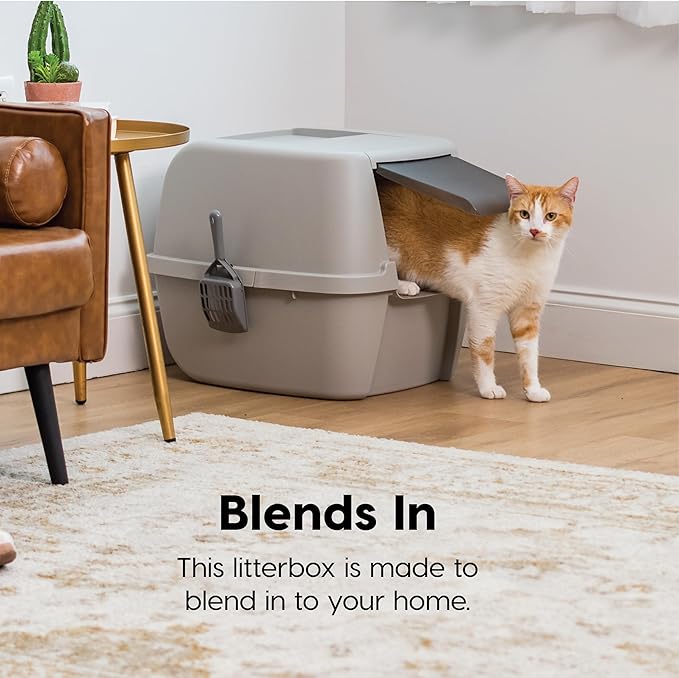 IRIS USA Cat Litter Box Large with Front Door Flap, Covered Enclosed Litter Box Enclosure with Scoop, Handle & Buckles for Portability & Privacy, Hidden Litter Pan, Gray
