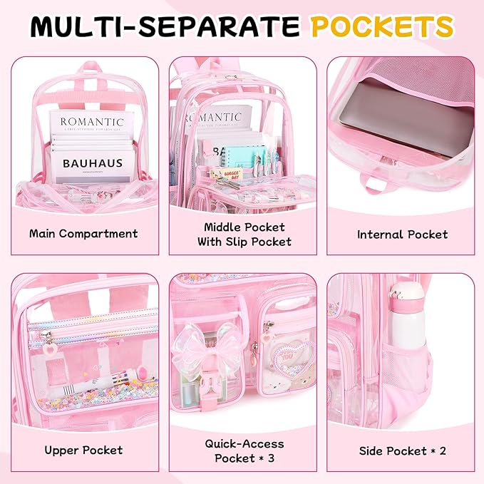 MOONBABY Clear Backpack for Girls, Clear Bookbag Heavy Duty Transparent Backpack for Stadium Events, See Through Back Pack for Kindergarten Elementary Middle High School, Pink
