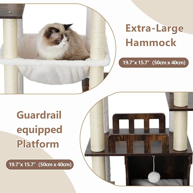 Gitelsnour Cat Tree, 70.9 Inch Wood Cat Tower for Large Cats Adult, Modern Cat Furniture with Double-Layer Wooden Cat Condo, 2 Platforms, Large Hammock and Scratching Posts, Rustic Brown GCT102SR