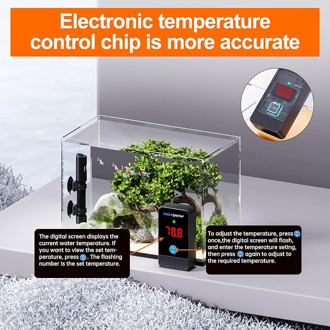 AQUASMITH 500W Aquarium Heater Precise Control Fast Heat Auto Off Anti Dry Burn 40-48Gal Tank | External LED precise temp control, fully submersible installation, explosion-proof tube for fresh & salt water