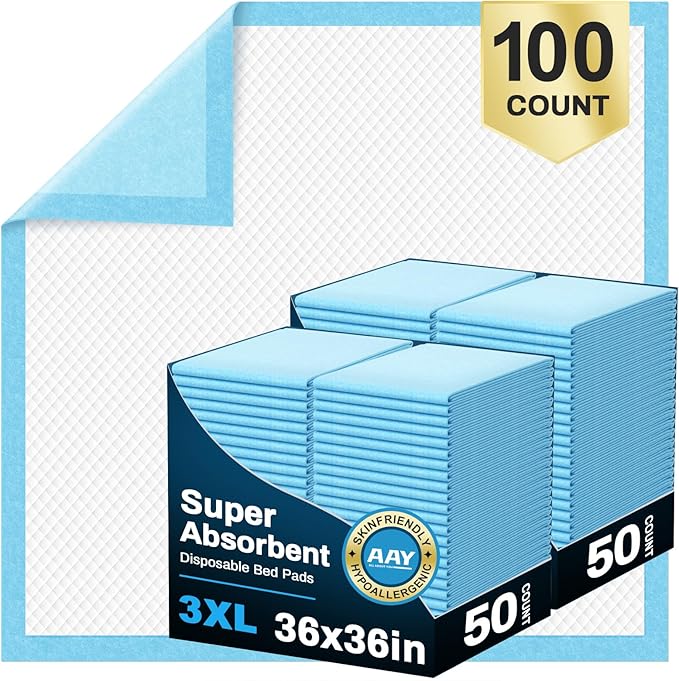 AAY Disposable Bed Pads 36" x 36" (100 Count) , Extra Large Heavy Duty Incontinence Underpads, Super Absorbent 3XL Chucks Pee Pads for Adults, Kids, Pets, Puppy Training
