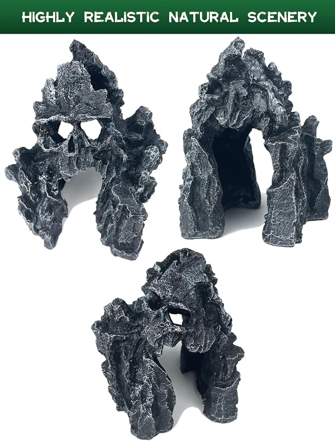 Aquarium Decor - Small Skull Rock Cave for Fish Tank, Aquarium Hideout Ornament with Skull Texture for Betta, Guppy, Shrimp, Spider - Aquatic Hide Decoration, Fish Hiding House（Black）