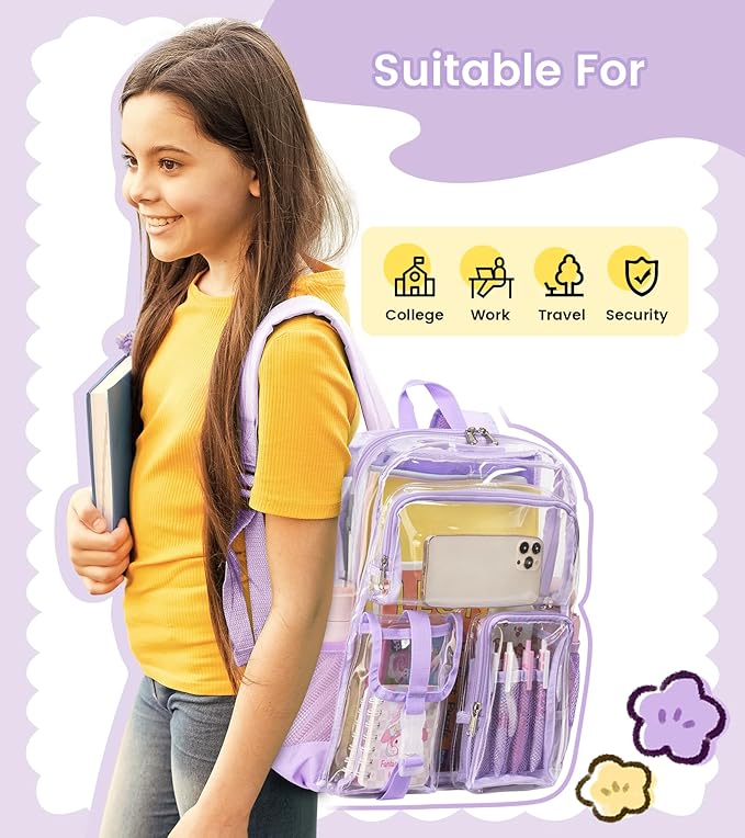 Vorspack Clear Backpack for School - Heavy Duty Transparent Bookbag for Girls Boys Large See Through backpacks for Work, College, Travel - Purple