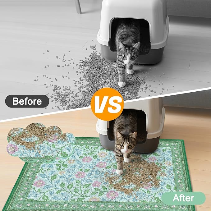 Glittme Cat Litter Mat with Non-Slip Bottom Litter Box Mat 24"X15" Litter Trapping Mat Easy to Clean Washable Cat Food Mat for Kitty,S