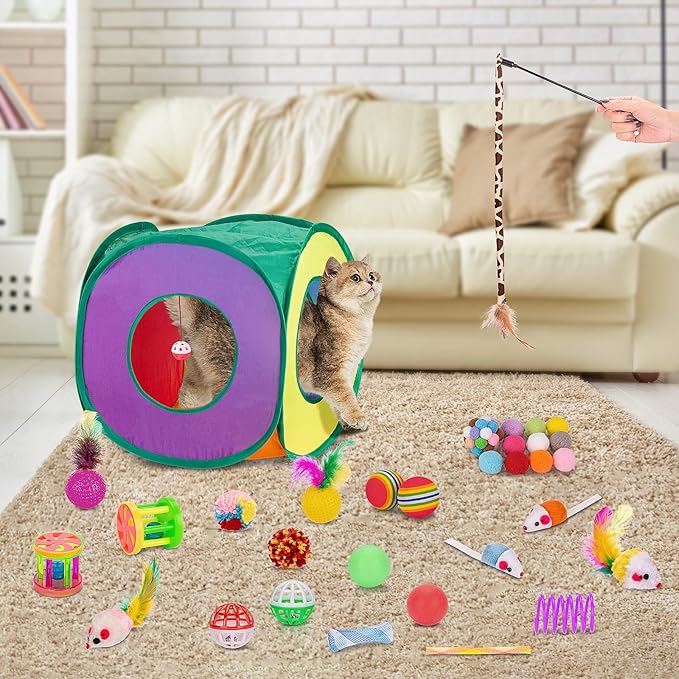 Retro Shaw Cat Toys Pack 33Pcs, Interactive Kitten Toys for Indoor Kittens Cats, Collapsible Kitty Play Tunnel Tent Feather Wand Balls Bell Springs Mouse Kitty Toys for All Breeds 15.7 Inches