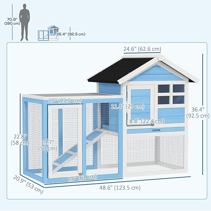 PawHut 49" Wooden Rabbit Hutch Bunny Cage with Waterproof Asphalt Roof, Fun Outdoor Run, Removable Tray and Ramp, for Rabbits, Chickens, Ducks, Light Blue