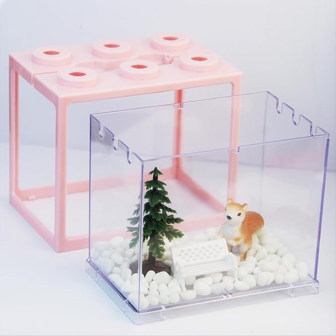 Small Sea Monkey Tank, Stackable Mini Betta Fish Tank Tinny Aquarium Kit with Aquarium Gravel, Moss Ball Tank Shrimp Tank 0.27 Gallon Acrylic Cube Fish Bowl for Shrimp Snails