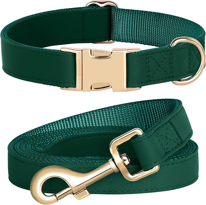 PET ARTIST Soft PU Leather Dog Collar and Leash Set, Bright & Stylish 5FT PU Leather Leash and Collar Set, Durable Pet Collars with Quick Release Metal Buckle for Medium Dogs,Christmas Green,M(13-19")