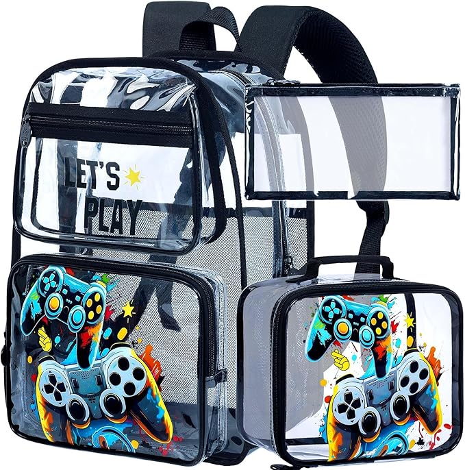 KLFVB 3PCS Clear Backpack for Girls and Boys, Kids See Through Backpacks Stadium Approved, Transparent Bookbag for Elementary