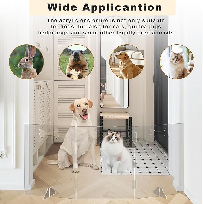 Clear Acrylic Dog Gate, 4 Panel 80" W x 24" H, Transparent Freestanding Pet Playpen Indoor, Foldable Pet Fence Barrier for Doorway with Handle/Support Feet