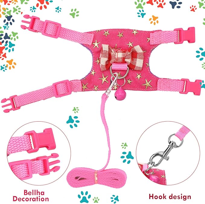 SATINIOR 2 Pieces Small Hamster Harness and Leash Set, Ferret Guinea Pig Clothes with Bowknot and Bell Decor, No Pulling Comfort Padded Vest Striped for Rats Bunny Rabbit Small Animals(S,Black, Pink)