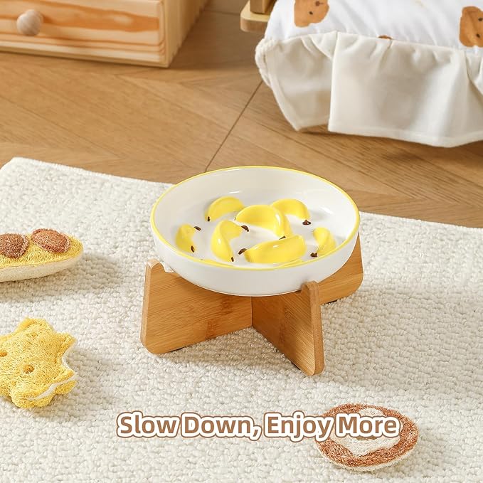 Elevated Slow Feeder Cat Bowl - Ceramic Cat Food Plate with Anti-Slip Bamboo Stand - Whisker Friendly Feeding Bowl - Shallow Maze Dish for Slow Eating - Yellow