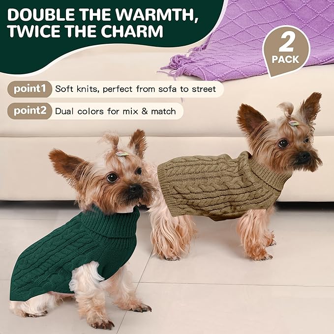 2 Pack Dog Sweaters for Small Dogs Winter Turtleneck Pullover Cable Knit Fleece Stretch Puppy Doggie Chihuahua Toy Poodle Yorkie Pomeranian Boy Girl Pet Clothes (S, Green & Brown)