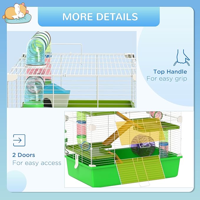 PawHut Extra Large 23" Hamster Cage with Tubes and Tunnels, Portable Carry Handles, Rat House and Habitats Big 5-Tier Design, Mouse Cage Includes Exercise Wheel, Water Bottle, Food Dish, Green