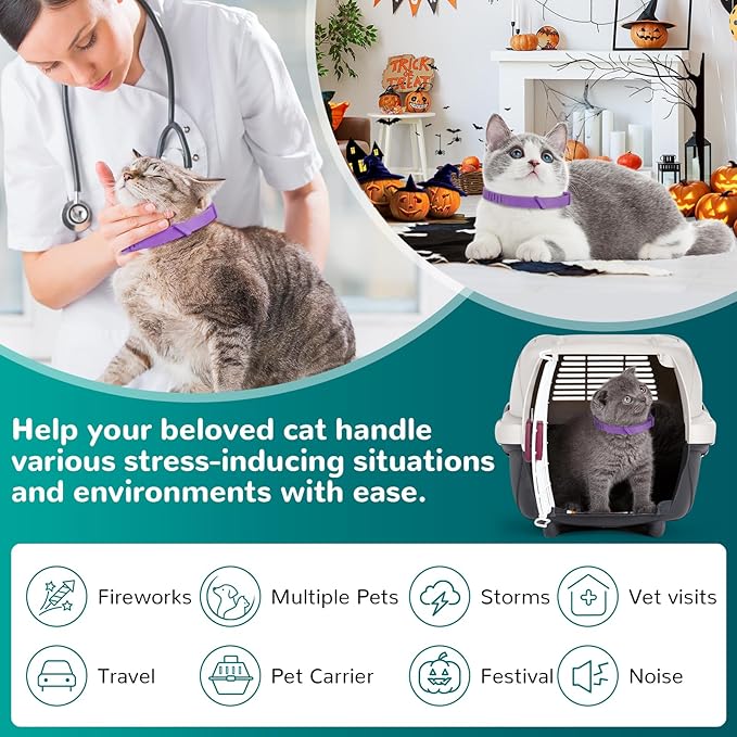 Calming Collar for Cats, Pheromone Collar for Cat Anxiety Relief, 60 Days Adjustable Waterproof TPE, Cat Calming Collars Helps Calm During Loud Noises and Separation (Purple, 2 Pack)