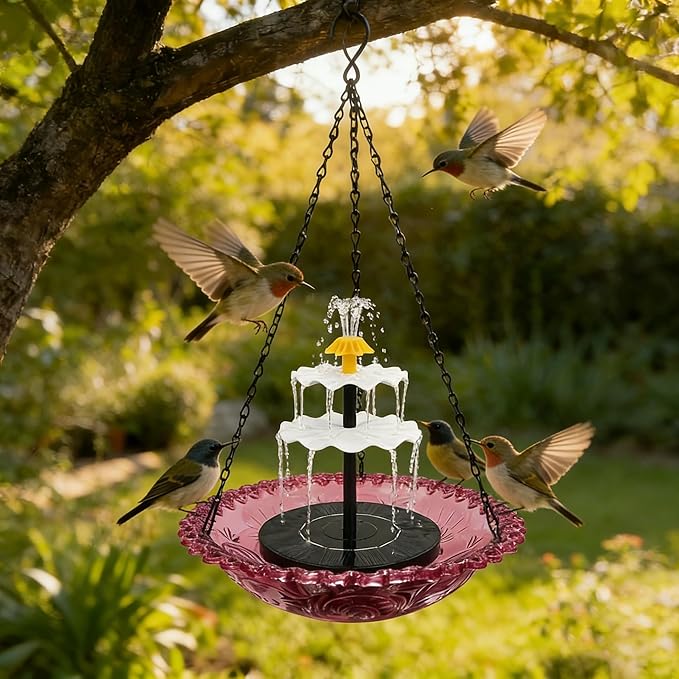 Solar Cascade Hanging Bird Bath Fountain, Solar Fountain Pump with 8 Nozzles, Hanging Bird Bath with Water for Outdoors Garden Patio Backyard Lawn Decor (Pink)