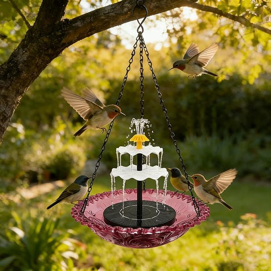 Solar Cascade Hanging Bird Bath Fountain, Solar Fountain Pump with 8 Nozzles, Hanging Bird Bath with Water for Outdoors Garden Patio Backyard Lawn Decor (Pink)