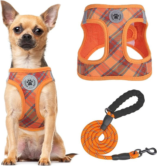 BEAUTYZOO Step in Dog Harness and Leash Set, Reflective Dog Harness No Pull No Choke Puppy Harness for Extra Small Dogs Cats, Soft Padded Mesh Vest Harnesses for Girl and Boy Pets, Orange Plaid S