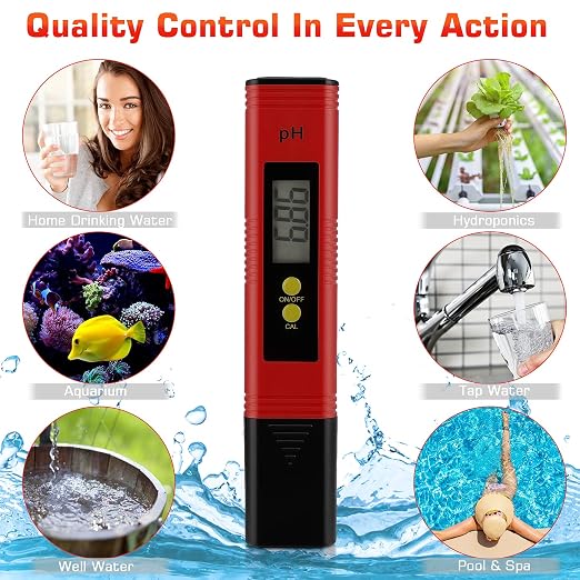 PH Meter for Water Hydroponics Digital PH Tester Pen 0.01 High Accuracy Pocket Size with 0-14 PH Measurement Range for Household Drinking, Pool and Aquarium (1, Red, Normal)