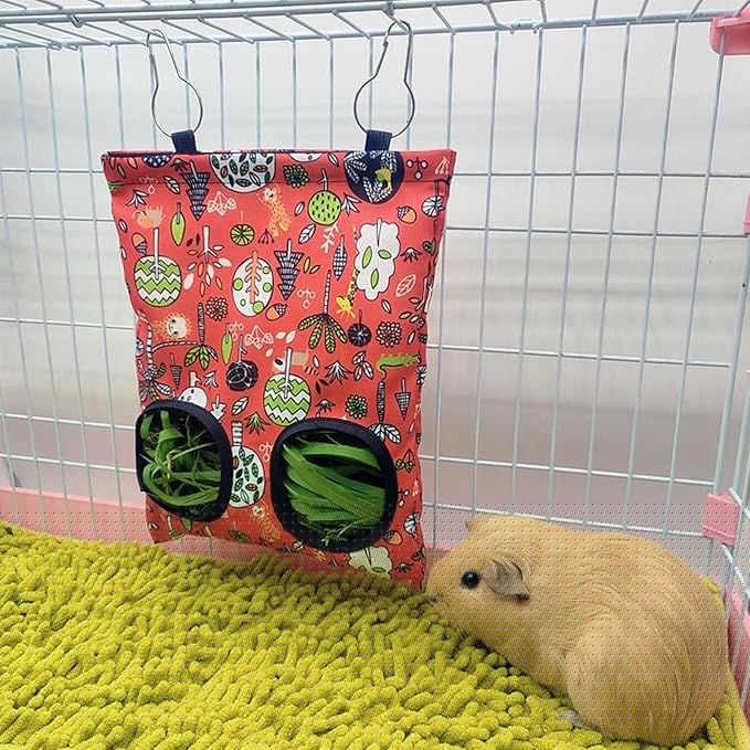 Rabbit Hay Feeder Bag, Guinea Pig Hay Feeder for Cage Small Animal Hanging Feeding Bags Rabbit Hay Dispenser Storage for Rabbits Guinea Pigs Bunnies Chinchillas (Red,Dark Blue, 2 Hole)
