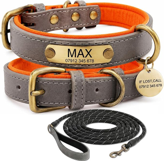 Leather Dog Collar Personalised and Leash Set, Personalized with Soft Padded Design Heavy Duty Featuring Custom Engraved Name Plate for Small Medium and Large Dogs