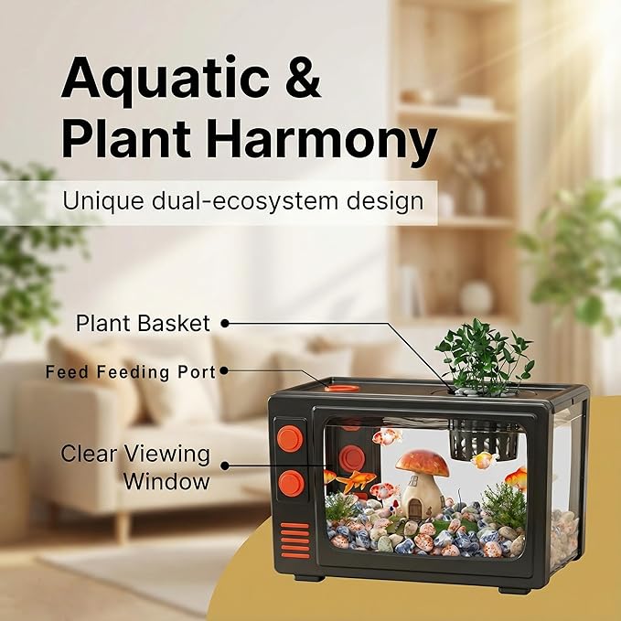2.5 Gallon Fish Tank Kit with LED Lights, Filter & Plant Planter - Retro TV Decorative Fish Tank for Office Desk Home Decor,Mini Aquarium Starter Kit for Betta Fish (Black - 2.5 Gallon)