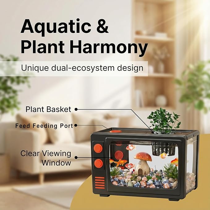 Retro TV Aquarium Kit 4 Gallon Desktop Fish Tank with Filter and LED Light, Mini Aquarium Starter Kit for Betta Fish, Vintage Television Style Decorative Fish Tank for Office Desk Home Decor