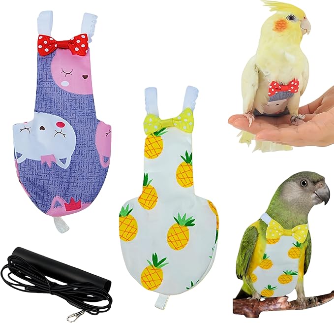 2Pcs Bird Diapers Bird Harness Flight Suits Diapers with 80 Inch Flying Leash Parrot Nappy Washable Cute Urine Wet Suit for Cockatiel Conure Macaw Budgies Parakeet-Pineapple&Kitten,S