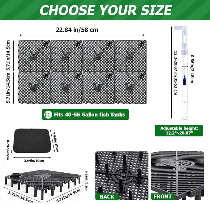 Sieral Undergravel Aquarium Filter for 15-20 Gallon Tanks, 8 Pcs 5.7'' x 5.7'' Plates, Under Gravel System for Clean Water, with 2 Uplift Tube and 1 Filter Cotton, for Fish Tank Fresh and Saltwater